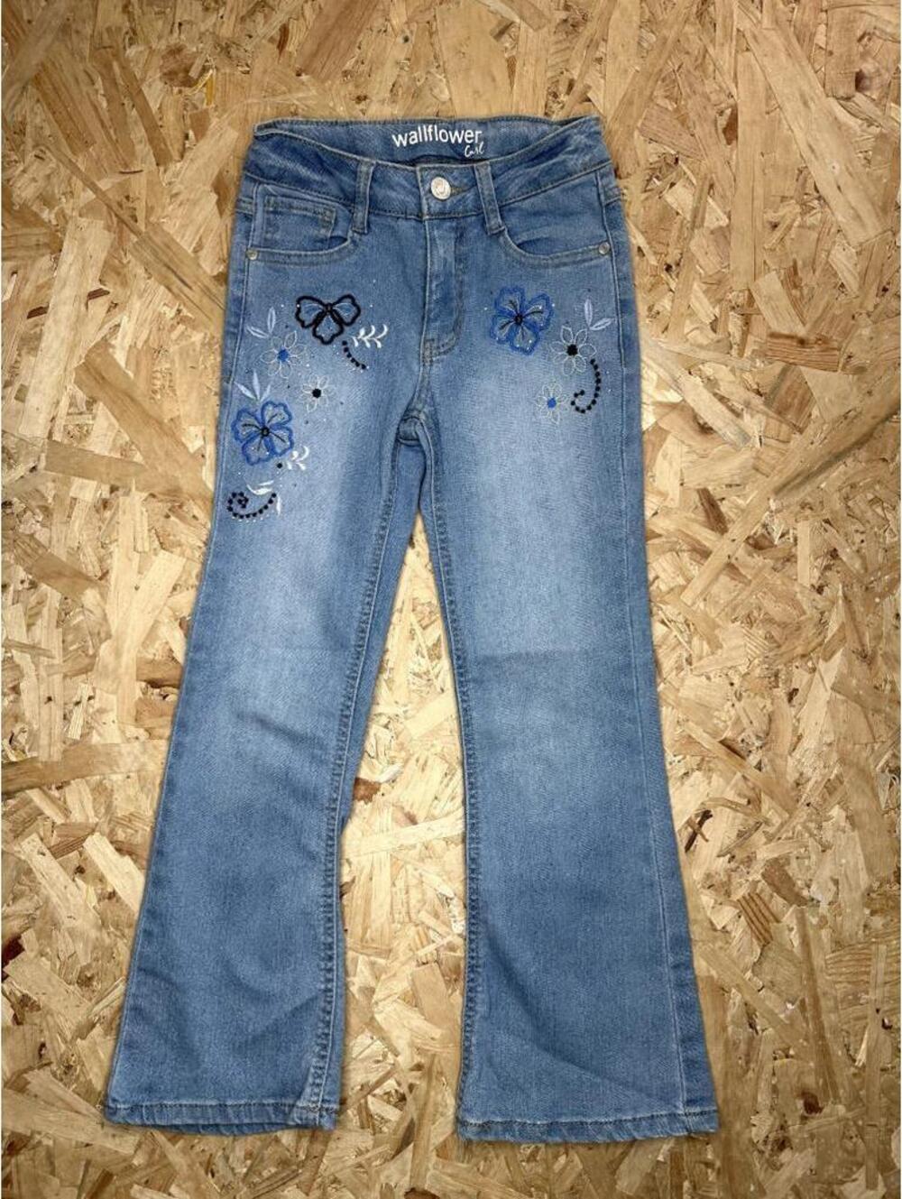 Wallflower Girl Embroidered Floral Jeans Size 7 Blue Denim Flare Adjustable
